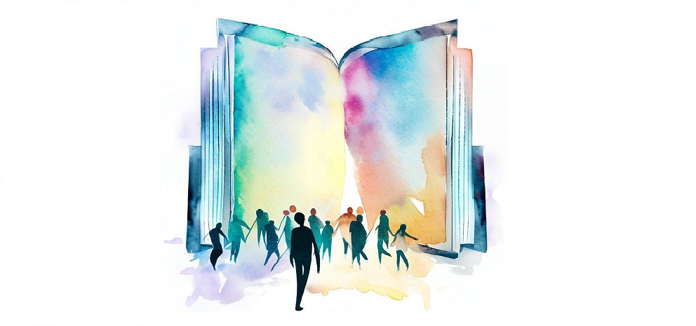 Immagine digitale di persone che entrano in un libro gigante