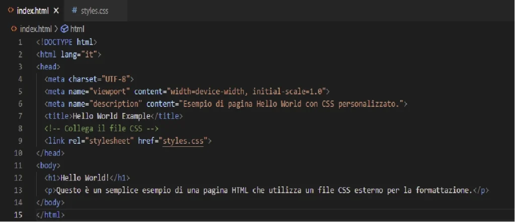 HTML: le basi del web, breve esempio della struttura di base del linguaggio HTML