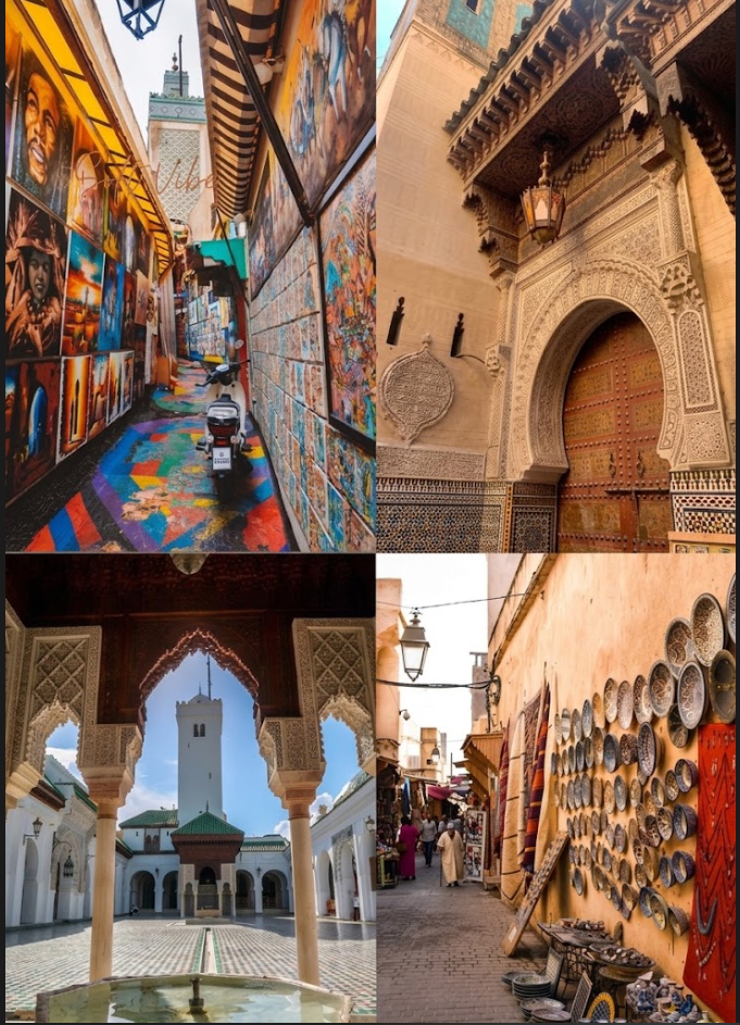 Collage di immagini della Medina di Fès el-Bali con vicoli colorati architettura marocchina e concerie tradizionali