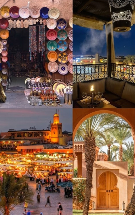 Collage foto Marrakech con la Medina piazza Jemaa el-Fna la Moschea della Koutoubia e i souk