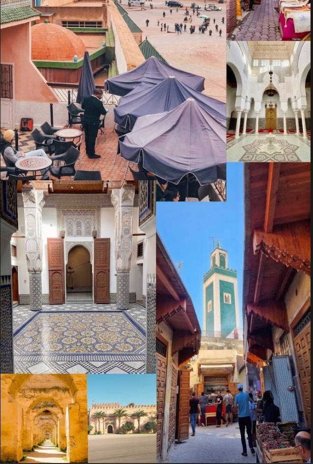 Collage meknes con Bab Mansour porta decorativa e medina