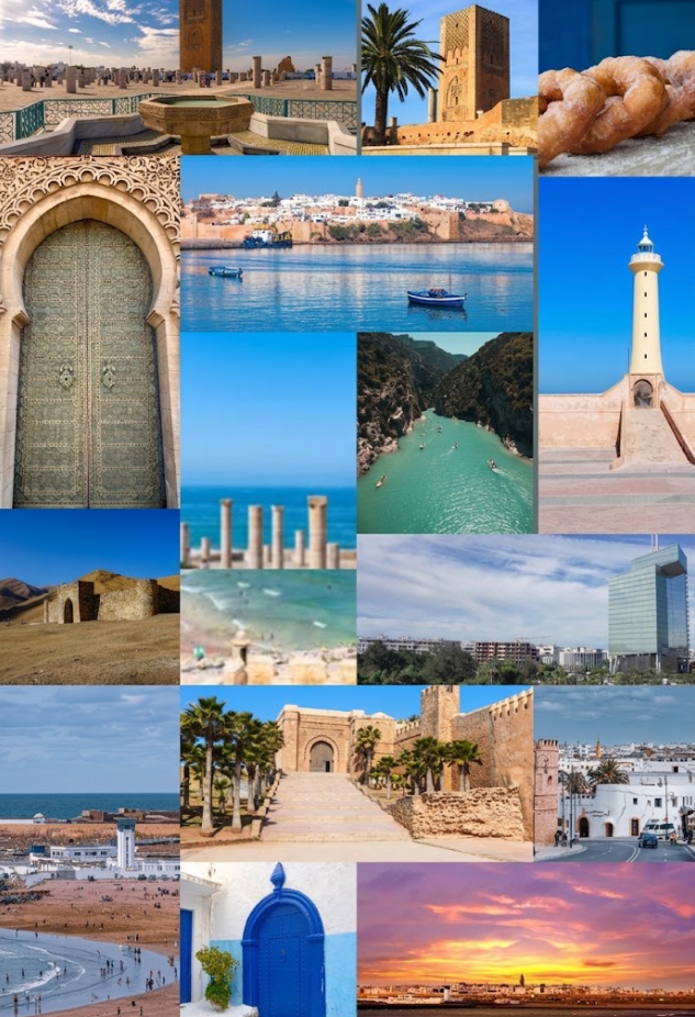 Collage dei principali luoghi di interesse di Rabat tra cui Kasbah degli Udayas Torre Hassan Mausoleo di Mohammed V e Chellah