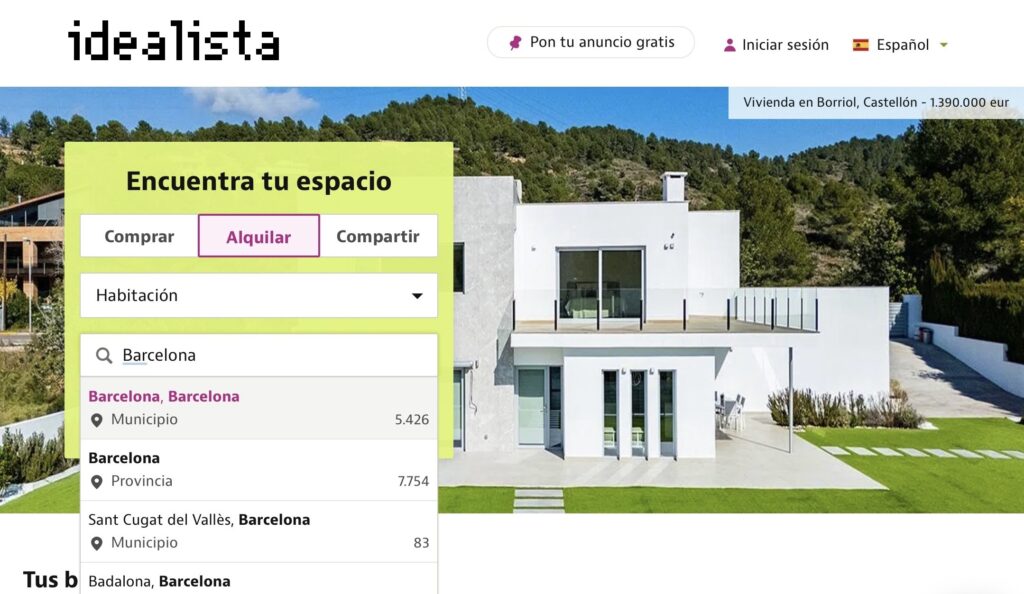 Idealista: screenshot pagina con ricerca su “Barcellona”.