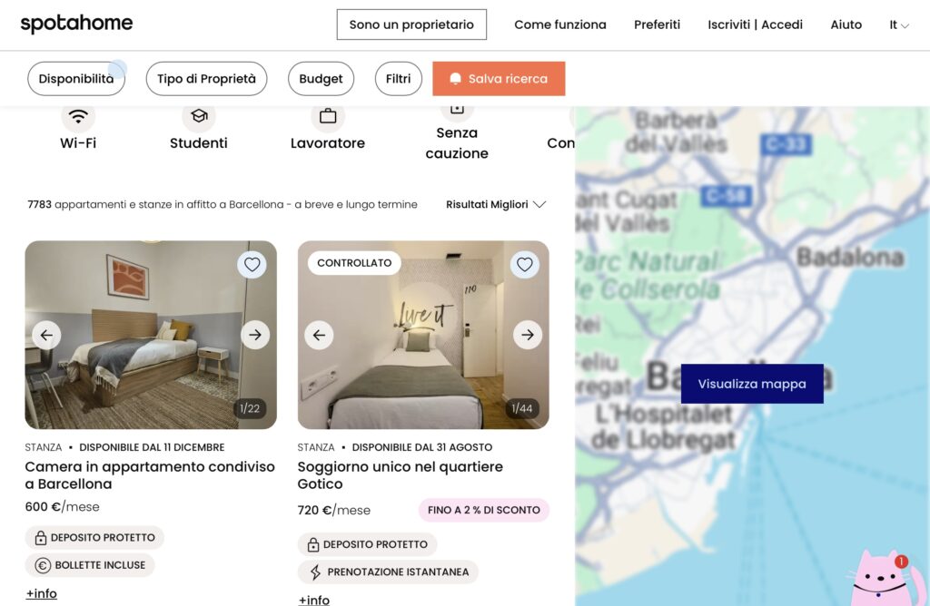 Spotahome: screenshot pagina con ricerca su “Barcellona”.