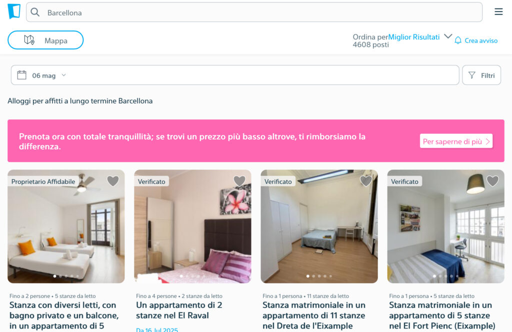 Uniplaces: screenshot pagina su ricerca “Barcellona”.