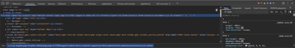 Cruscotto degli strumenti di DevTools, viene mostrata la sezione dove è possibile esaminare il codice html