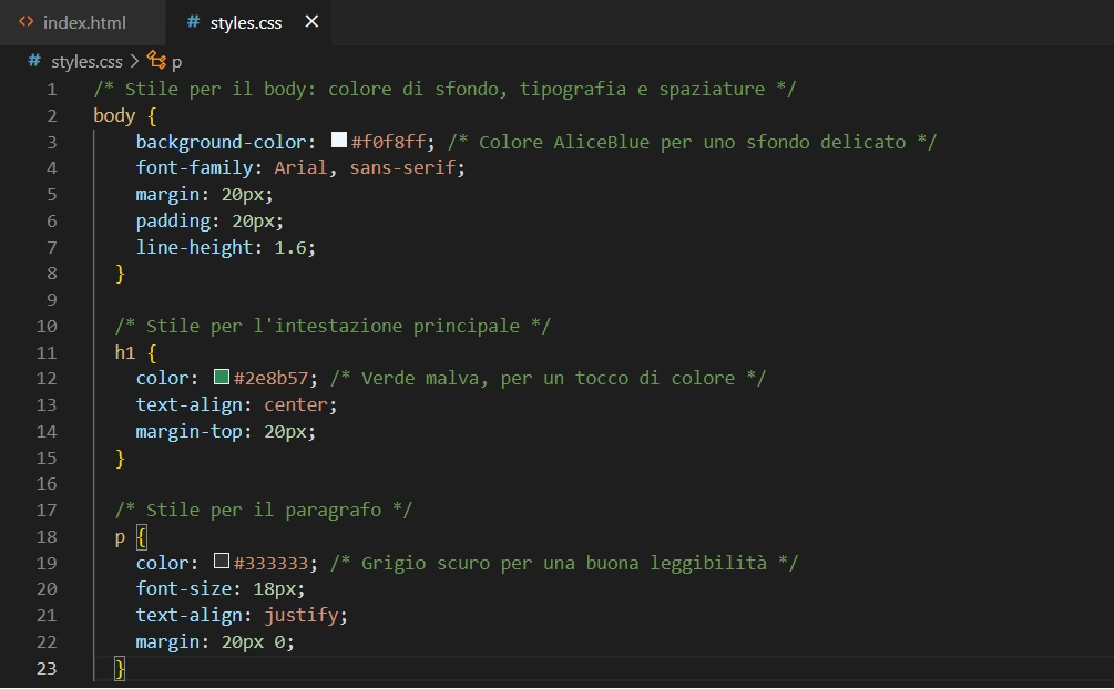 Esempio completo di documento di styling con css